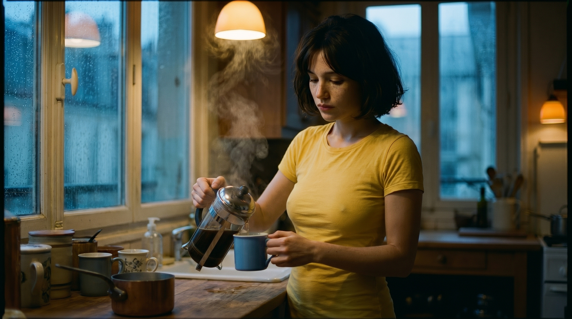 Pouring morning coffee in a Parisian kitchen at dawn