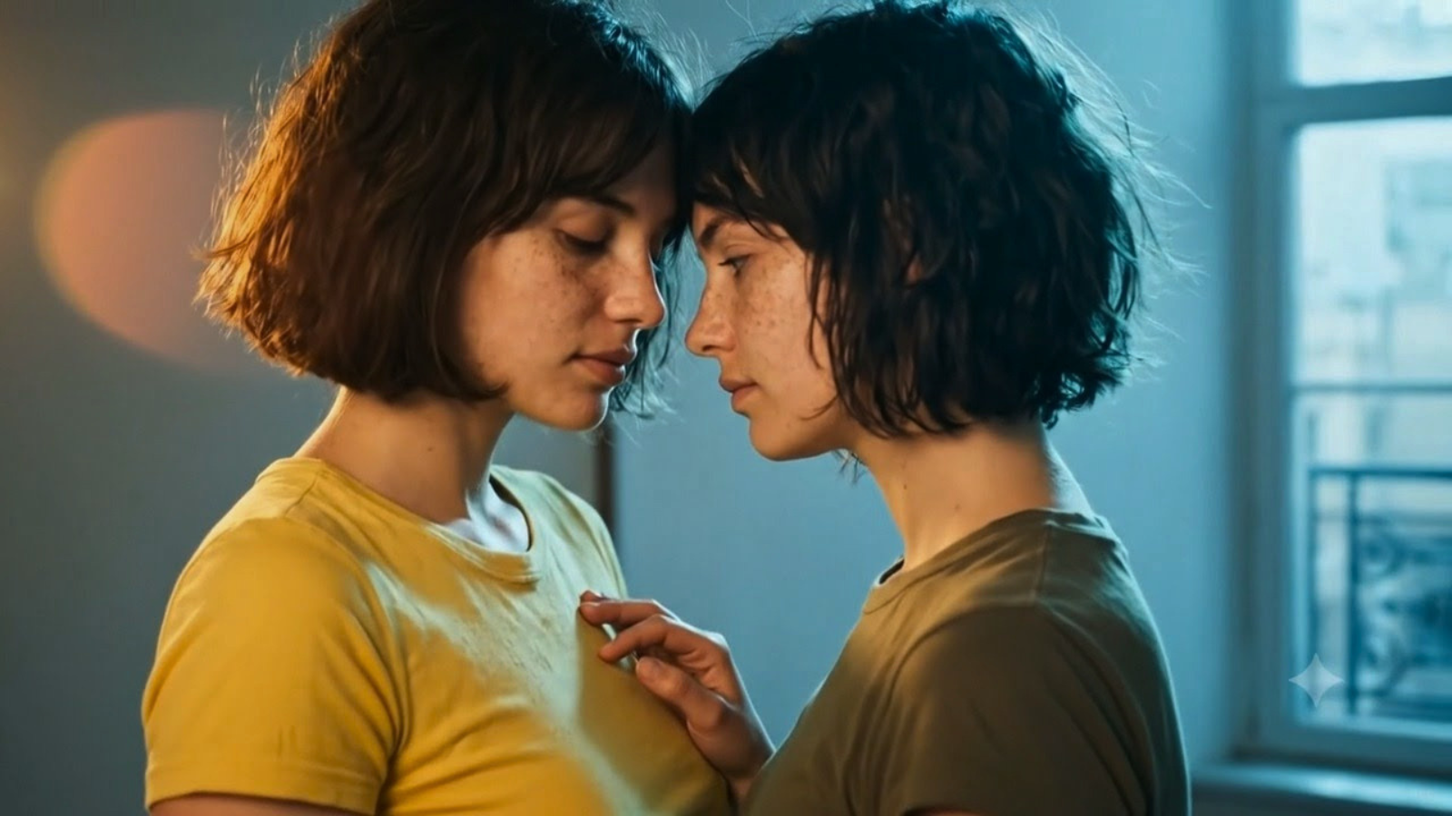 Two lovers forehead to forehead in golden and blue light