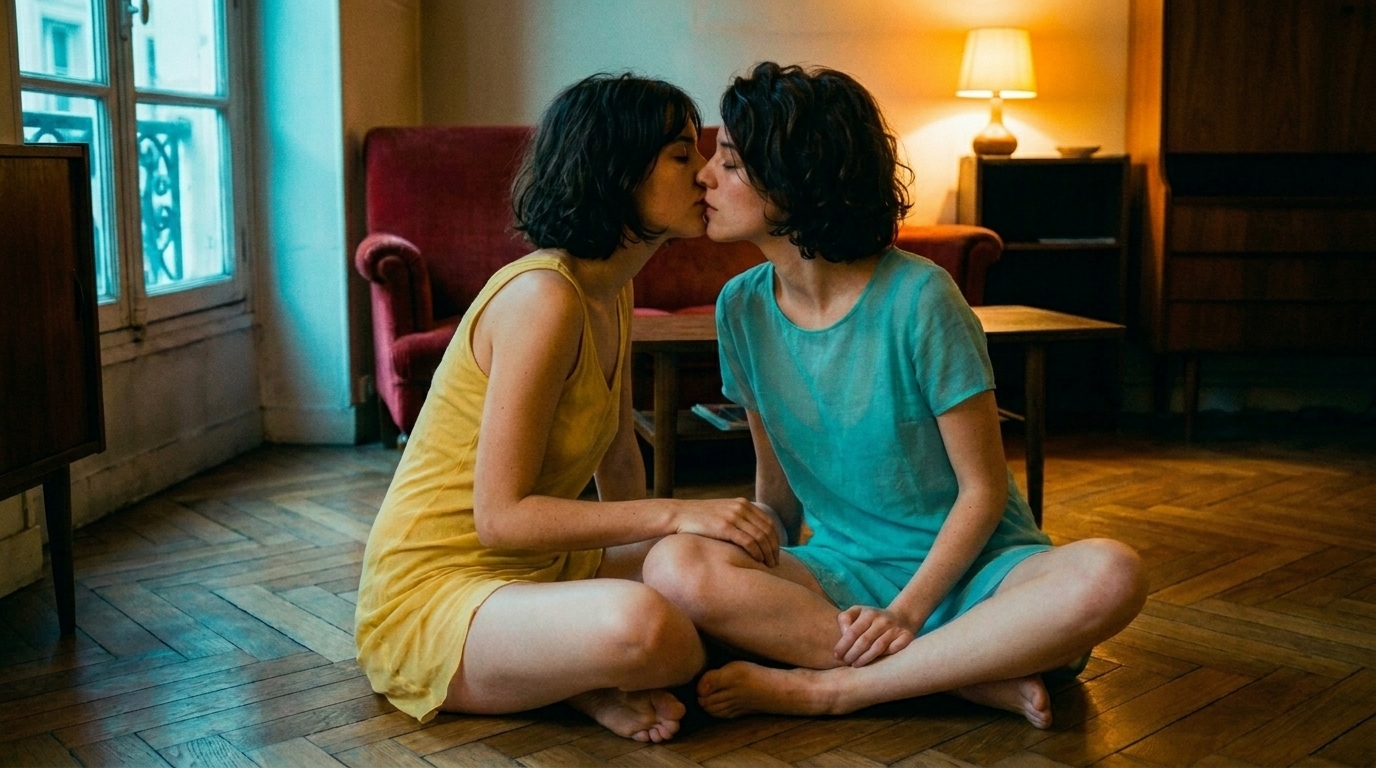 A tender kiss on the living room floor