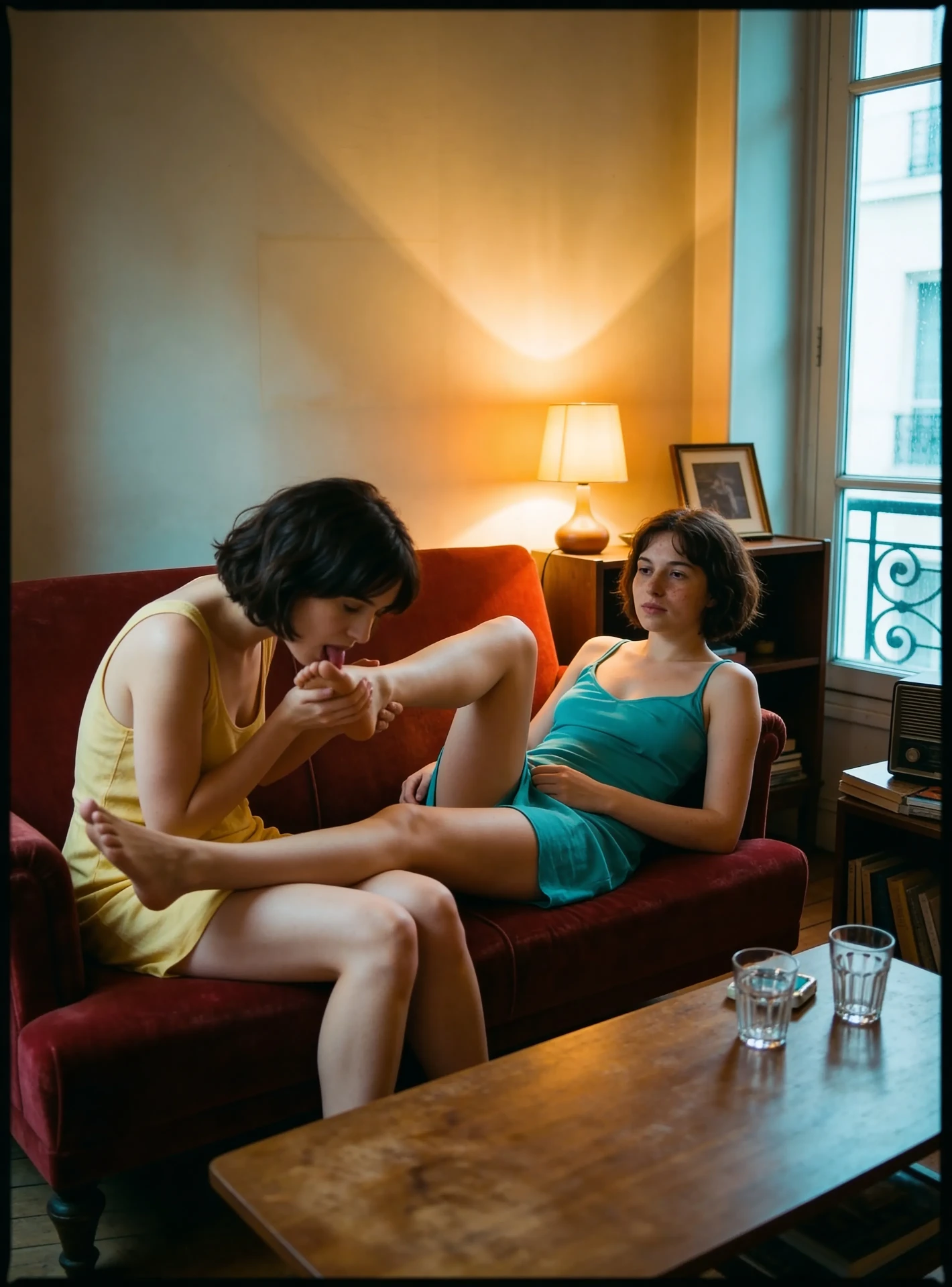 A tender moment on the red velvet sofa in golden lamplight